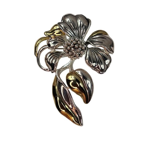 BEST Brand Dogwood Flower Brooch Pin Pendant Silver and Gold Tone - Picture 2 of 10